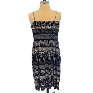 Isla boho fit and flare sun dress blue elephant and palm tree print stretch top